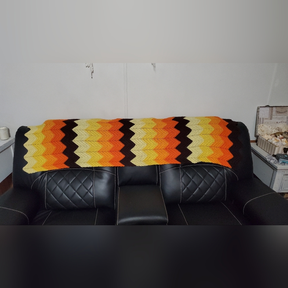 Hand Crafted Crochet Afghan throw blanket zig zag chevron brown yellow orange - Picture 2 of 4